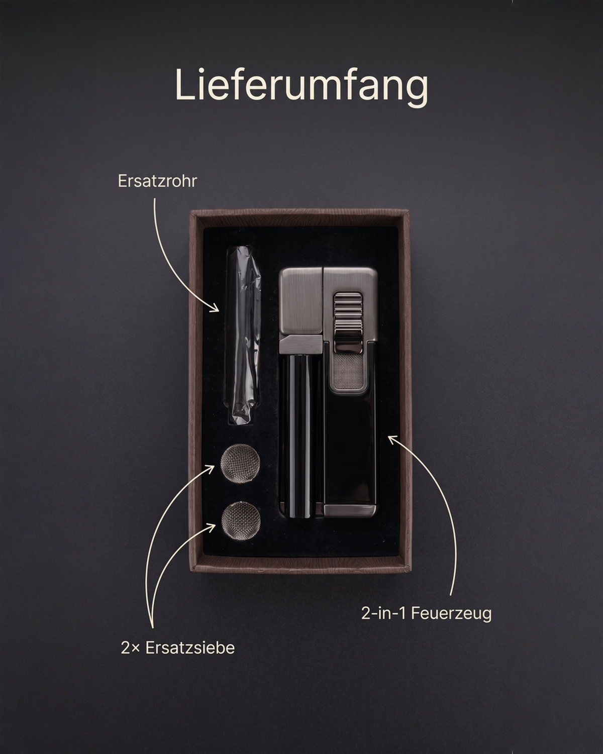 HZ One Lieferumfang mit Ersatzrohr und zwei Ersatzsieben